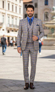 Blue Modern Fit Windowpane Peak Lapel 3 Piece Suit