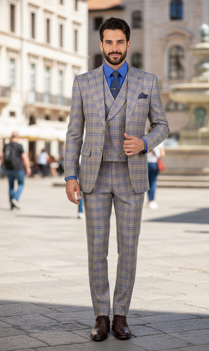 Blue Modern Fit Windowpane Peak Lapel 3 Piece Suit