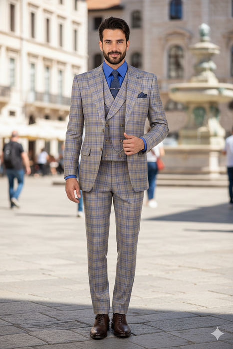 Blue Modern Fit Windowpane Peak Lapel 3 Piece Suit