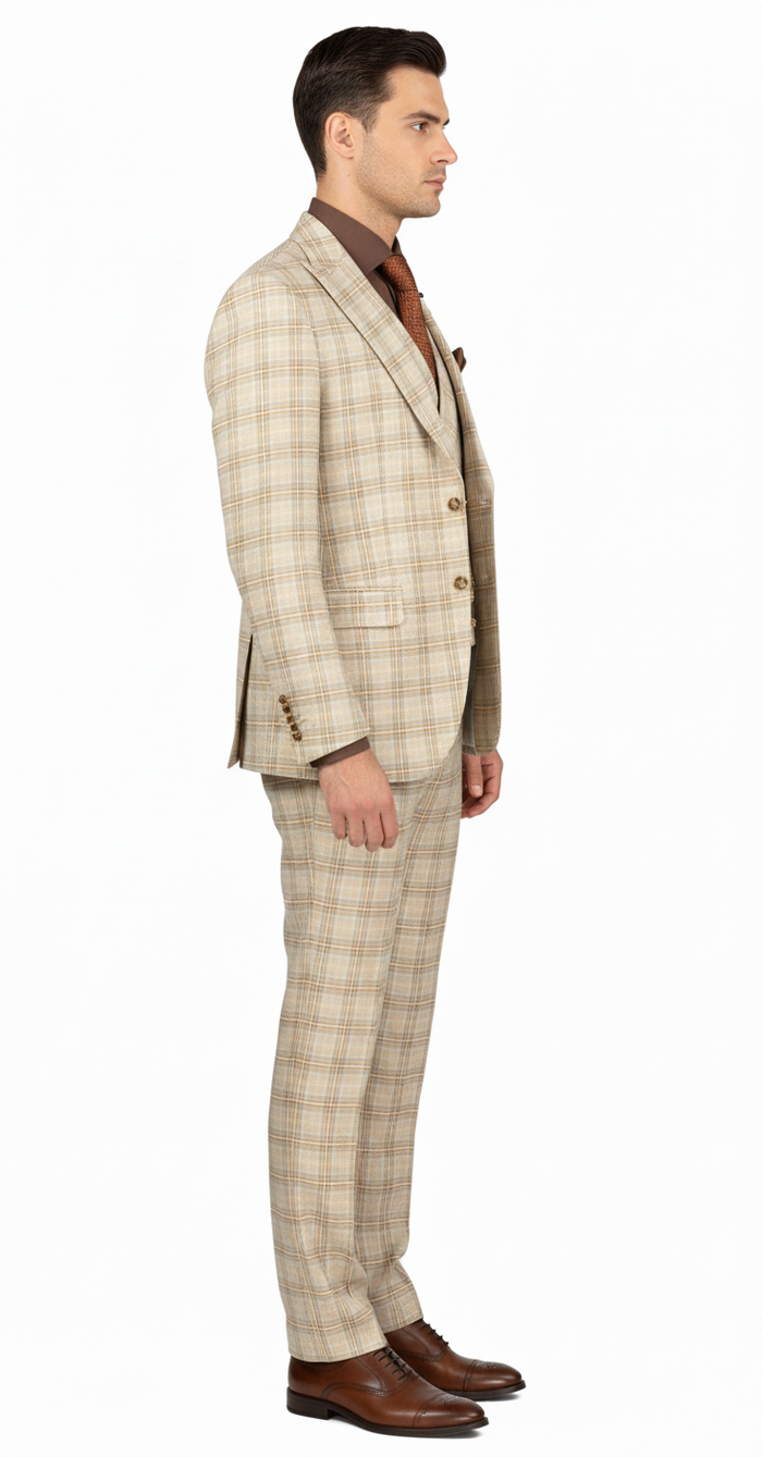 Khaki Plaid Suit - Vested Suit - 3 Piece Suits - Peak Lapel Suits - Windowpane Suit - 2 Button - Image 5