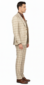 Khaki Plaid Suit - Vested Suit - 3 Piece Suits - Peak Lapel Suits - Windowpane Suit - 2 Button