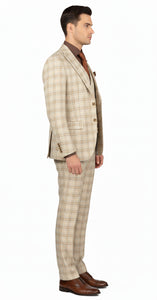 Khaki Plaid Suit - Vested Suit - 3 Piece Suits - Peak Lapel Suits - Windowpane Suit - 2 Button