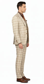 Khaki Plaid Suit - Vested Suit - 3 Piece Suits - Peak Lapel Suits - Windowpane Suit - 2 Button - Image 5