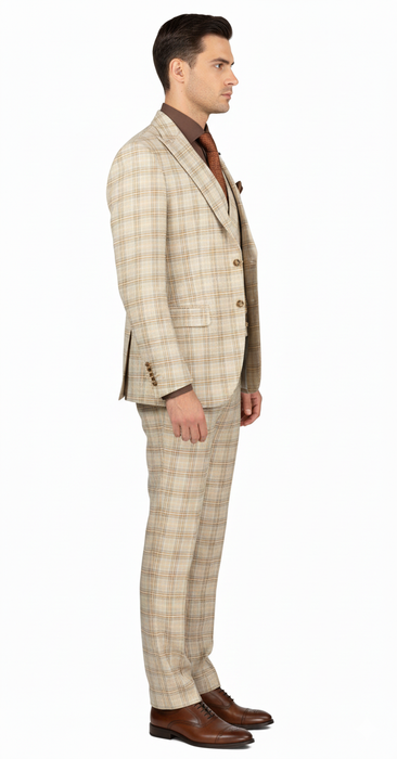 Khaki Plaid Suit - Vested Suit - 3 Piece Suits - Peak Lapel Suits - Windowpane Suit - 2 Button