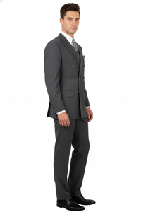 Mens Classic Wool Feel Double Breasted Suit in Heather Grey