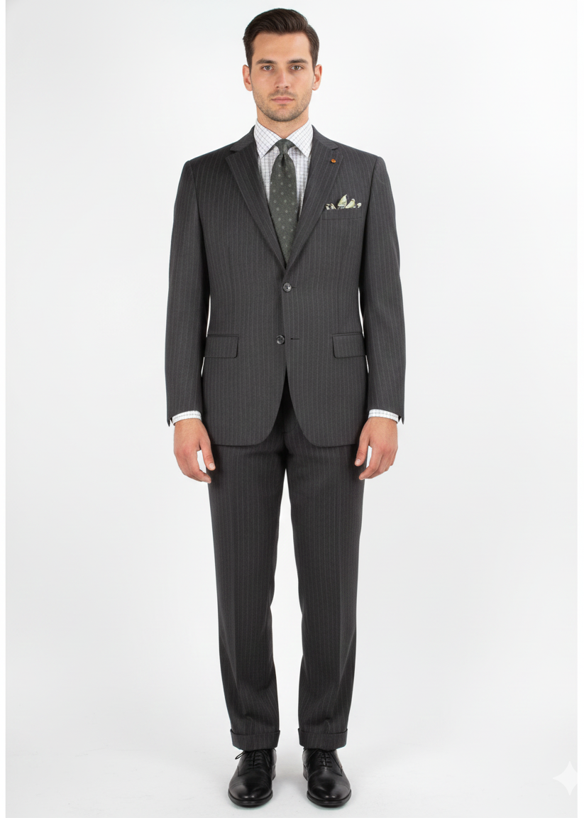 Men'S 2 Piece 100% Executive Suit - Charcoal With Silver Stripe ~ Pinstripe - 100% Percent Wool Fabric Suit - Worsted Wool Business Suit - Image 10