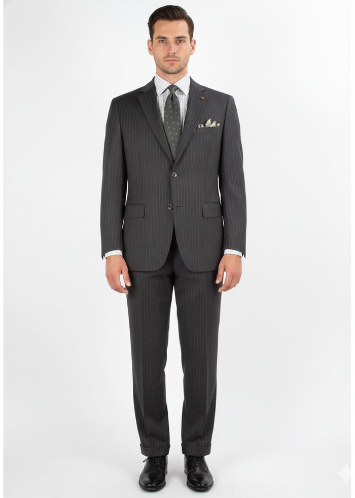 Men'S 2 Piece 100% Executive Suit - Charcoal With Silver Stripe ~ Pinstripe - 100% Percent Wool Fabric Suit - Worsted Wool Business Suit - Image 10
