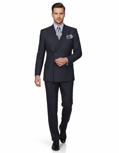 High Quality Dark Navy Blue Suit For Men & Chalk Bold White Pinstripe Double Breasted  100% Poly-Ray Suit