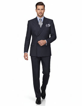 High Quality Dark Navy Blue Suit For Men & Chalk Bold White Pinstripe Double Breasted  100% Poly-Ray Suit - Image 2