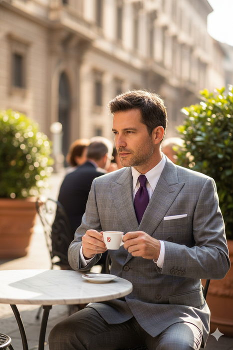 Mens Classic Wool Feel Double Breasted Glen Plaid Suit in Grey