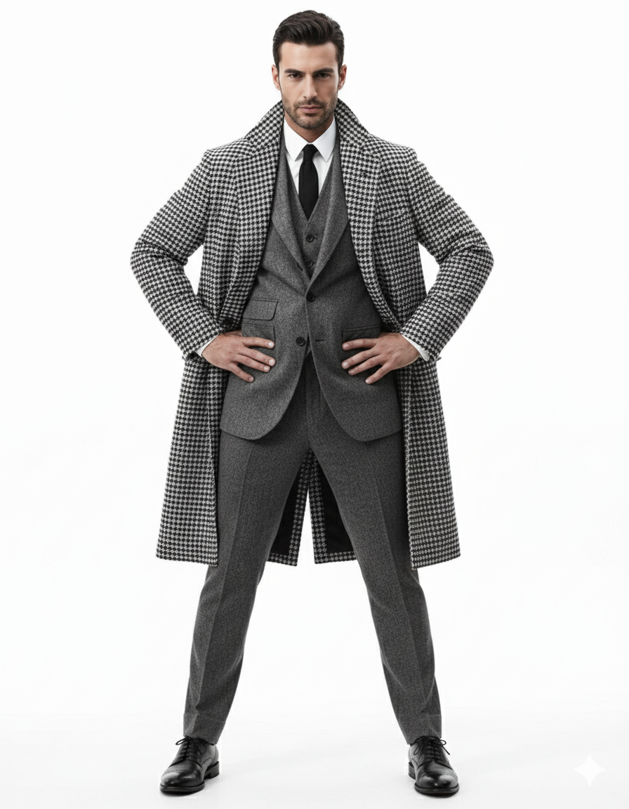 Houndstooth Overcoat - Black and White Checker And Real Wool Fabric Topcoat By Alberto Nardoni - Image 6