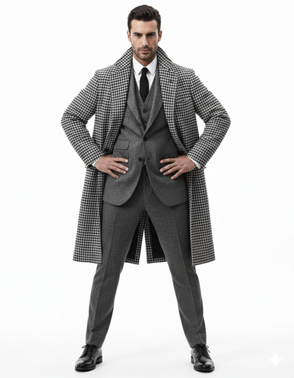Houndstooth Overcoat - Black and White Checker And Real Wool Fabric Topcoat By Alberto Nardoni - Image 6