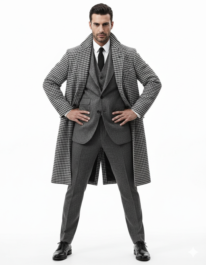 Houndstooth Overcoat - Black and White Checker And Real Wool Fabric Topcoat By Alberto Nardoni - Image 6