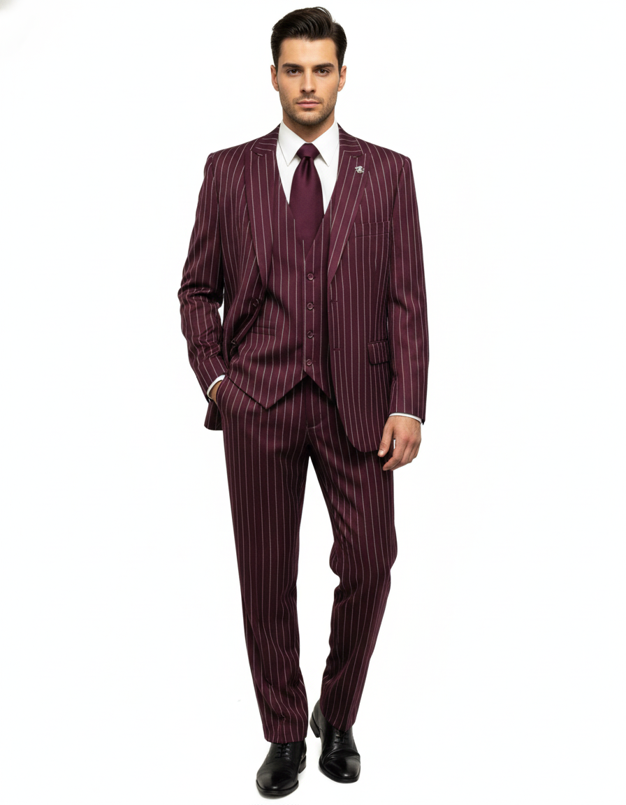 Men's Gangster Bold PinStripe Stripe Chalk Pinstripe Vested 3 Piece Fashion Suits 1920;s 30s Fashion in 10 Colors Collection For August/1/2021 - Image 9