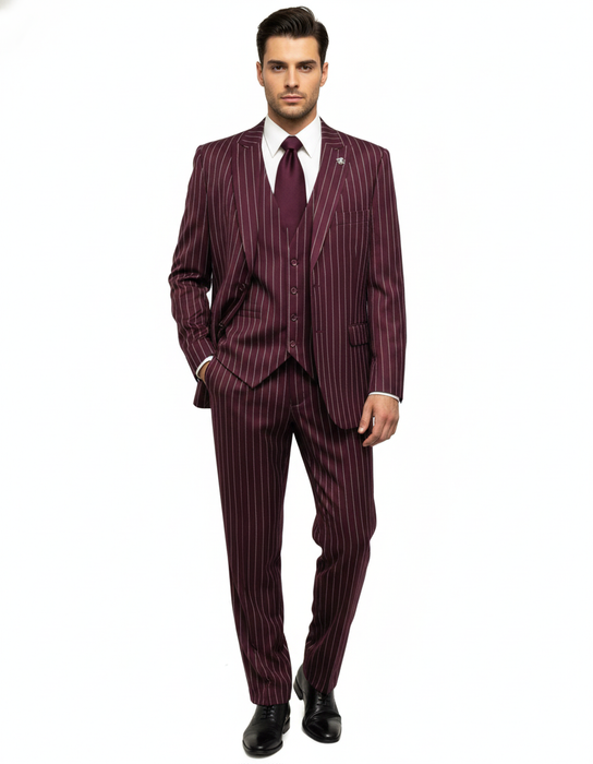 Men's Gangster Bold PinStripe Stripe Chalk Pinstripe Vested 3 Piece Fashion Suits 1920;s 30s Fashion in 10 Colors Collection For August/1/2021