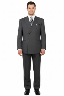 Mens Classic Wool Feel Double Breasted Suit in Heather Grey