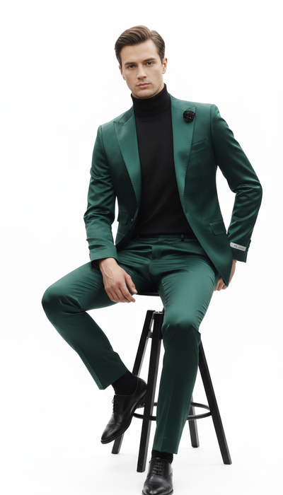 Mens Single Breast Green Sateen Shiny Fabric Metallic Fabric - Sharskin Suit