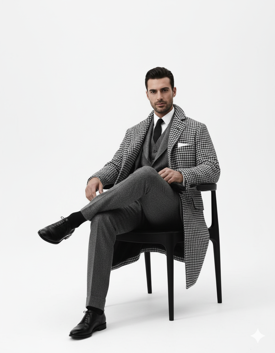 Houndstooth Overcoat - Black and White Checker And Real Wool Fabric Topcoat By Alberto Nardoni - Image 7