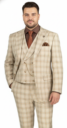 Khaki Plaid Suit - Vested Suit - 3 Piece Suits - Peak Lapel Suits - Windowpane Suit - 2 Button