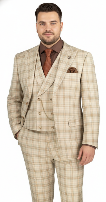 Khaki Plaid Suit - Vested Suit - 3 Piece Suits - Peak Lapel Suits - Windowpane Suit - 2 Button