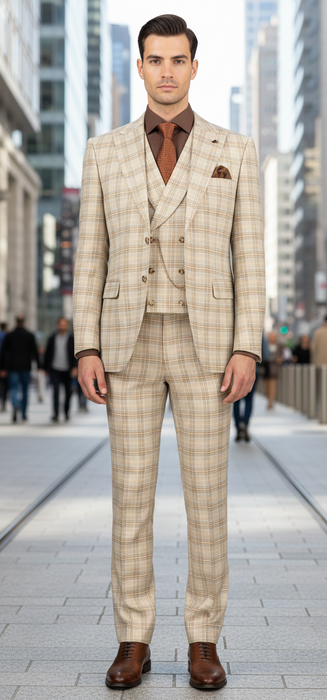 Khaki Plaid Suit - Vested Suit - 3 Piece Suits - Peak Lapel Suits - Windowpane Suit - 2 Button