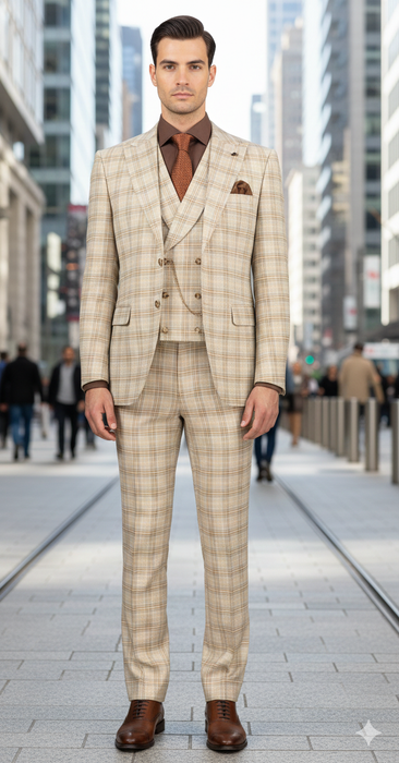 Khaki Plaid Suit - Vested Suit - 3 Piece Suits - Peak Lapel Suits - Windowpane Suit - 2 Button