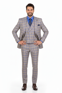 Blue Modern Fit Windowpane Peak Lapel 3 Piece Suit