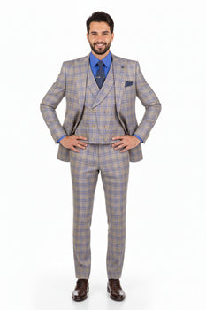 Blue Modern Fit Windowpane Peak Lapel 3 Piece Suit - Image 6