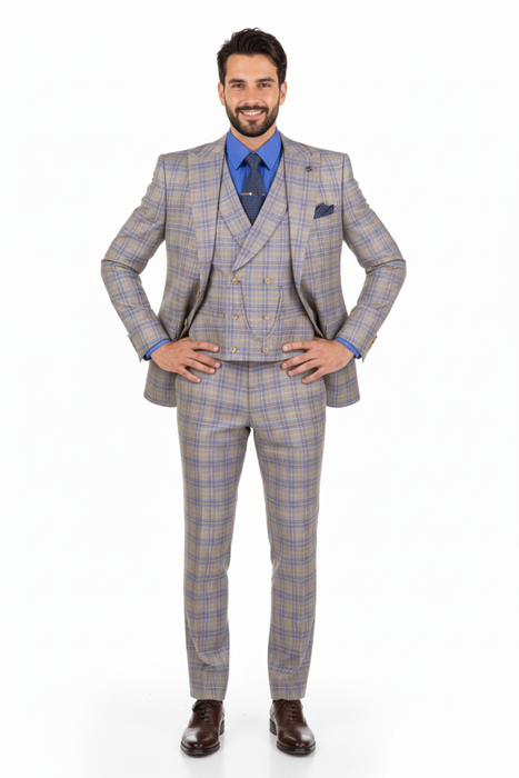 Blue Modern Fit Windowpane Peak Lapel 3 Piece Suit