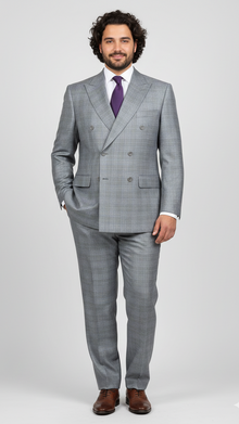 Mens Classic Wool Feel Double Breasted Glen Plaid Suit in Grey