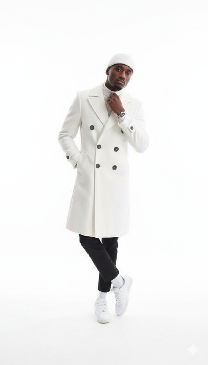Mens Cashmere & Wool White Double Breasted Overcoat ~ Car Coat - Image 7