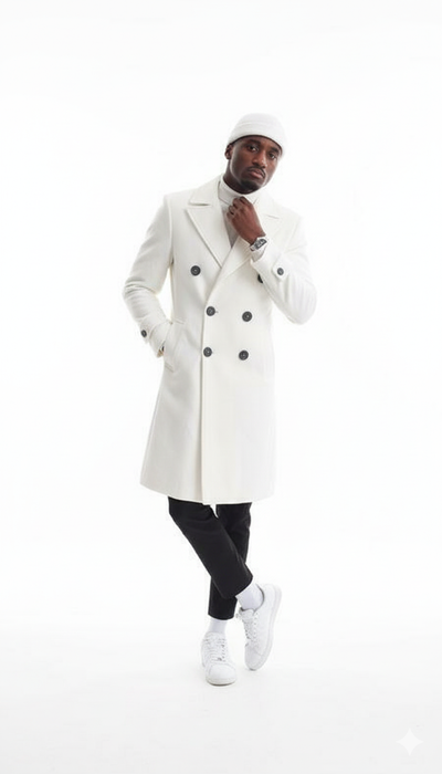 Mens Cashmere & Wool White Double Breasted Overcoat ~ Car Coat