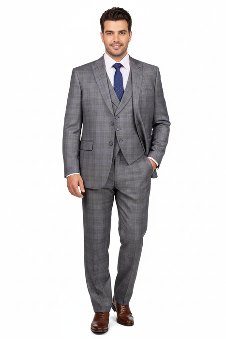 Mens 2 Button Vested Peak Lapel Plaid Suit in Grey