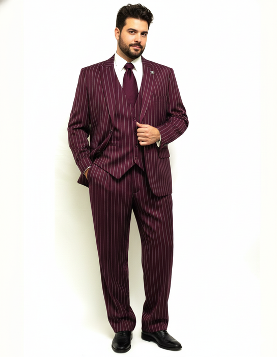 Men's Gangster Bold PinStripe Stripe Chalk Pinstripe Vested 3 Piece Fashion Suits 1920;s 30s Fashion in 10 Colors Collection For August/1/2021
