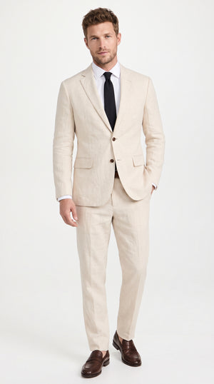 Men's Beige Linen 2-Piece Summer Suit – Modern Fit 2-Button Beach Wedding Suit with Matching Pants