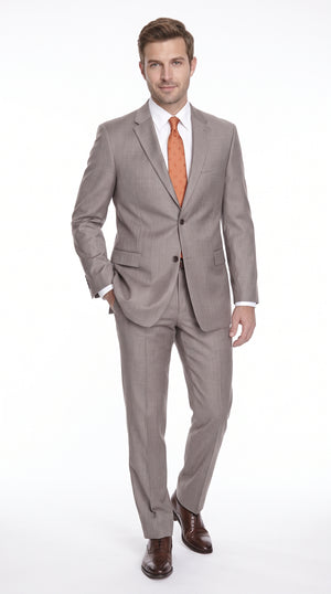 Men's Tan Wool 2-Piece Classic Fit Suit – 2-Button Notch Lapel Jacket & Flat Front Dress Pants for Business, Weddings & Formal Wear