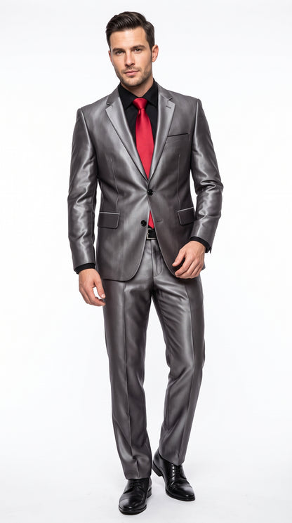 Men’s Shiny Sharkskin Charcoal Gray Suit, 2 Button Dark Grey Formal Suit with Flat Front Pants
