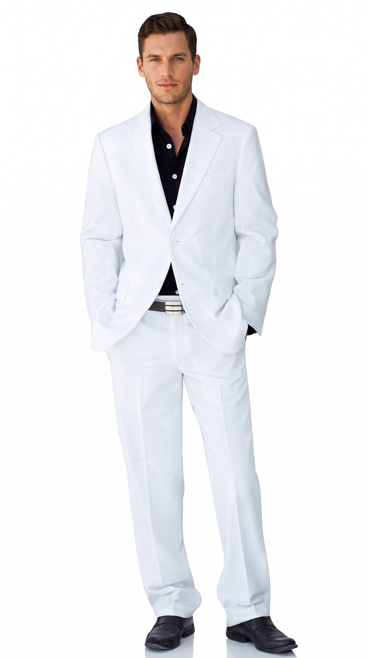 Men’s White 2-Button Suit – Classic Two-Piece Formal Suit with Black Shirt Look