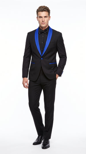 Men’s Black One-Button Suit with Royal Blue Shawl Lapel – Prom & Formal Suit