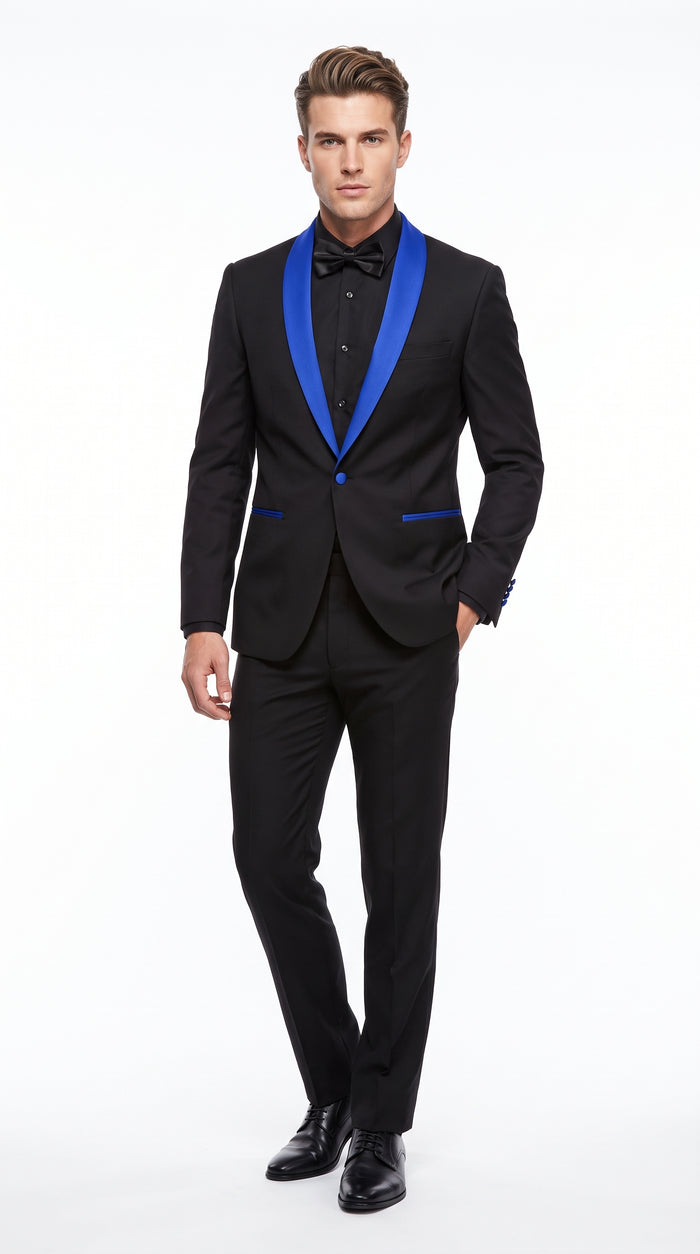 Men’s Black One-Button Suit with Royal Blue Shawl Lapel – Prom & Formal Suit