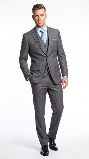 Men's Charcoal Grey Pinstripe 3-Piece Suit – Classic 2 Button Vested Formal Business & Wedding Suit in Super 150's Extra Fine Italian Fabric
