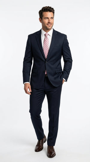Men’s Navy Blue Big and Tall 2 Button Suit, Solid Plus Size Formal Wedding Business Suit