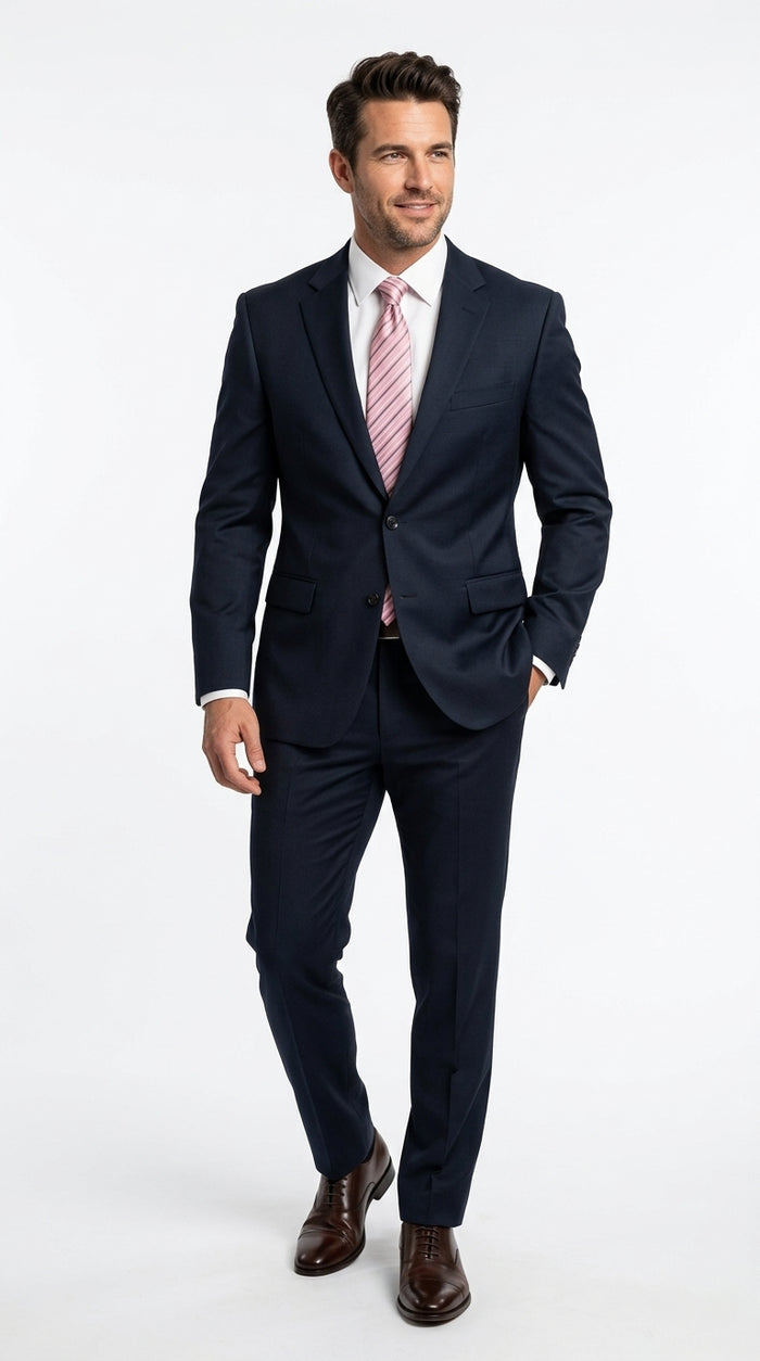Men’s Navy Blue Big and Tall 2 Button Suit, Solid Plus Size Formal Wedding Business Suit