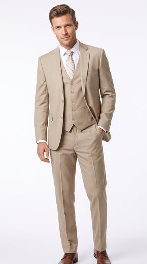 Men’s Tan Modern Fit 3 Piece Suit, Beige 2 Button Vested Formal Wedding Prom Business Suit