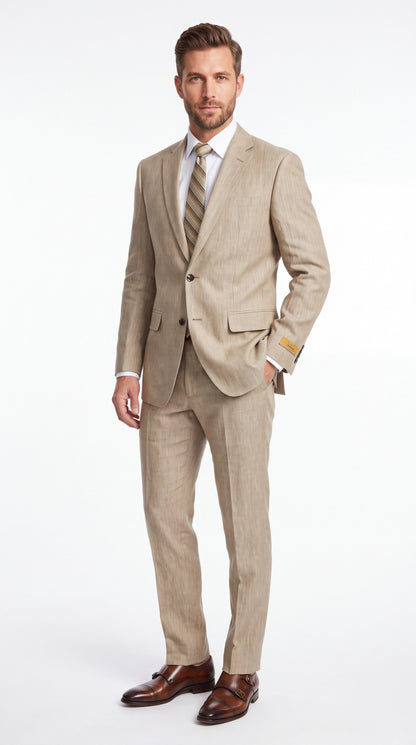 Men’s Beige Big & Tall Linen Suit – 2-Button Summer Wedding & Beach Suit