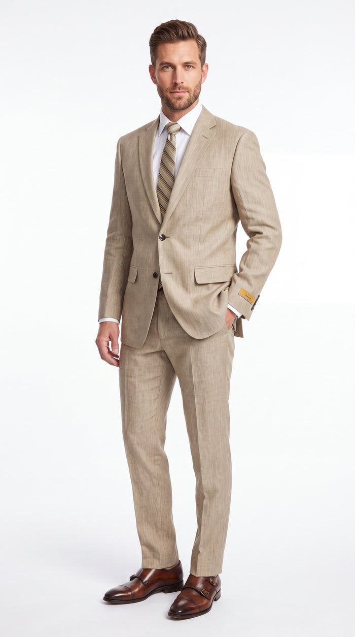 Men’s Beige Big & Tall Linen Suit – 2-Button Summer Wedding & Beach Suit