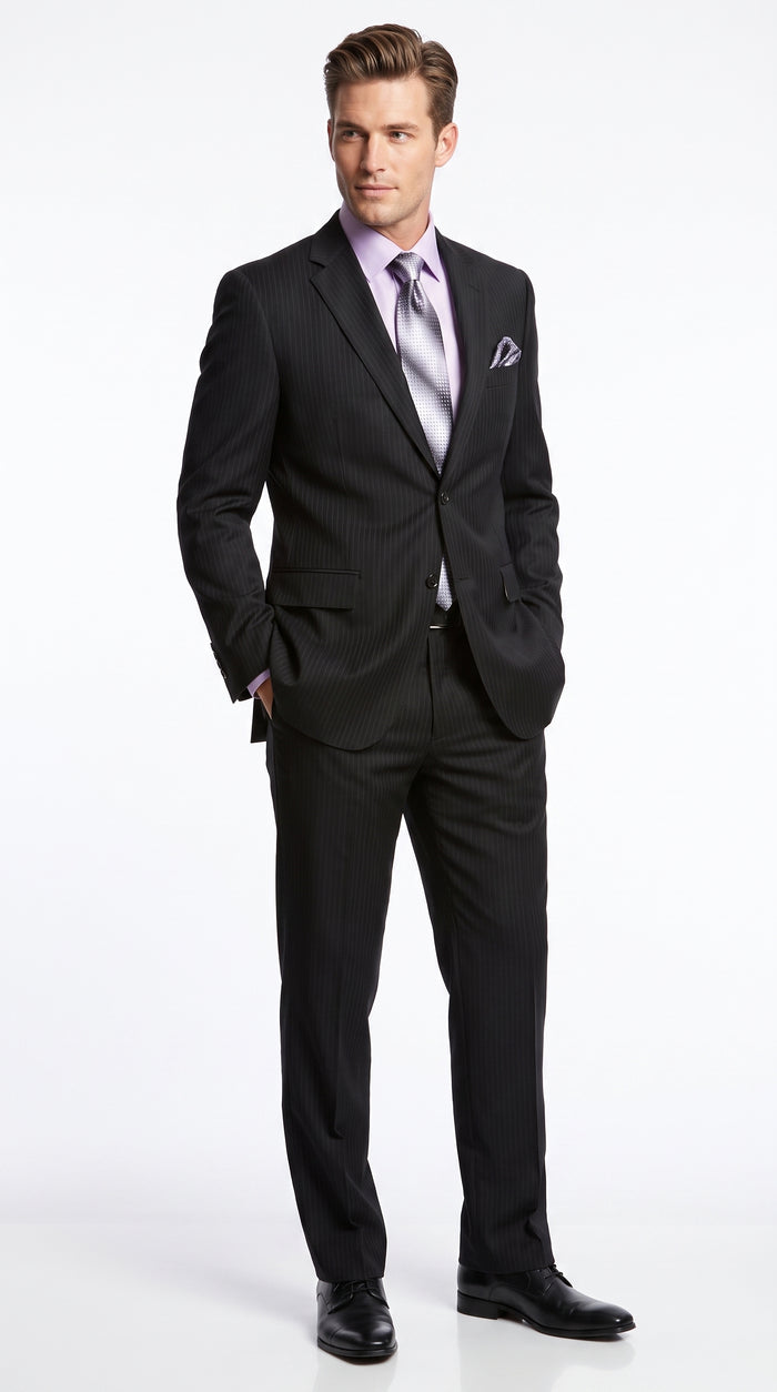 Men’s Black Tone on Tone Shadow Stripe 2 Button Suit, Two Piece Business Dress Suit