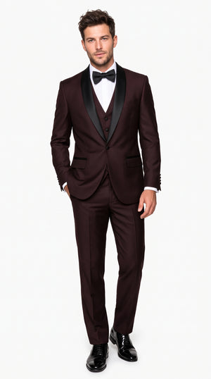Men's Burgundy Wine 3-Piece Tuxedo Suit – Plum Maroon Shawl Lapel Vested Dinner Jacket & Formal Wedding Suit
