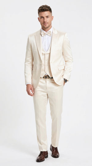 Men’s Champagne Shiny Satin Sharkskin 3 Piece Suit, One Button Modern Fit Wedding Prom Suit