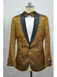 Gold And Black Two Toned Paisley Floral Blazer Tuxedo Dinner Jacket Fashion Sport Coat + Matching Bow Tie